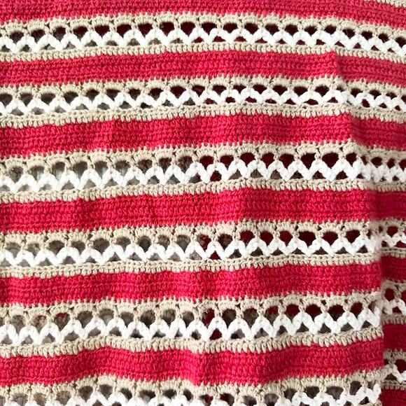 Catherine Stewart Belle Pointe Red Beige Stripe Open Hand Knit Vintage Cardigan - Picture 2 of 9